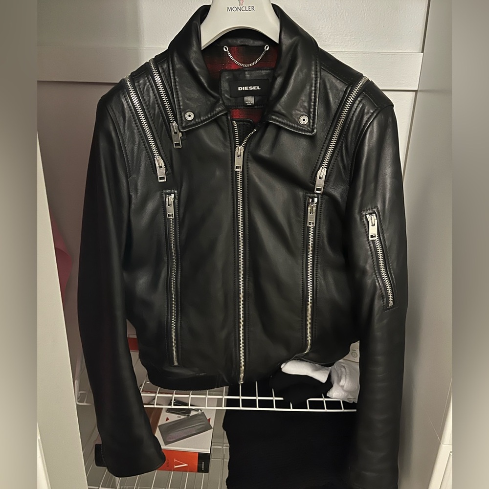 Diesel Black Leather Bomber Jacket with Red Accents